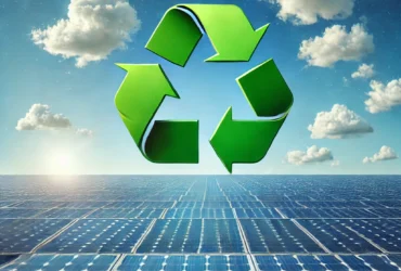 Image réalistique de panneau solaire sous un ciel bleu et le logo de recyclage