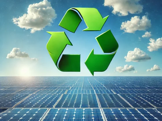 Image réalistique de panneau solaire sous un ciel bleu et le logo de recyclage