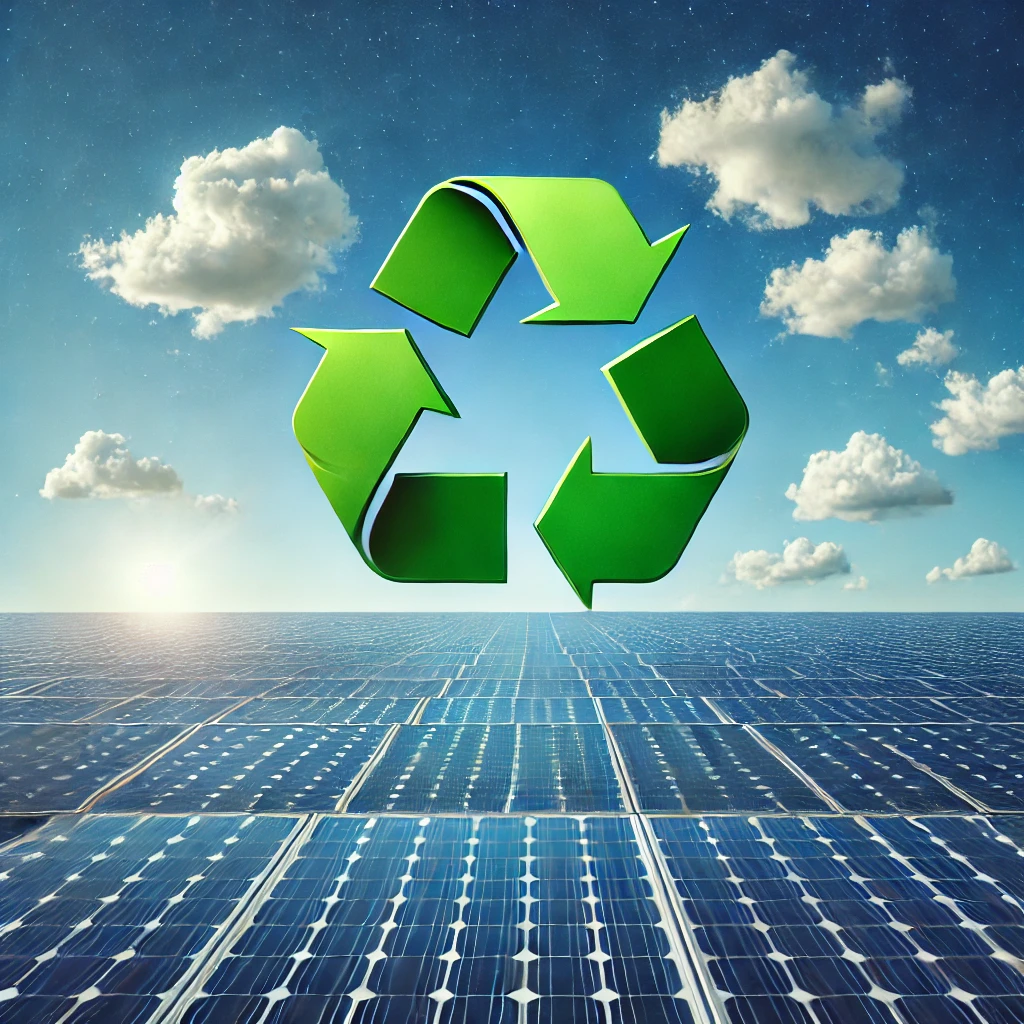 Image réalistique de panneau solaire sous un ciel bleu et le logo de recyclage