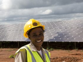 image d'une jeune technicien devant un champs de panneaux solaire pour la transition énergétique au Sahel