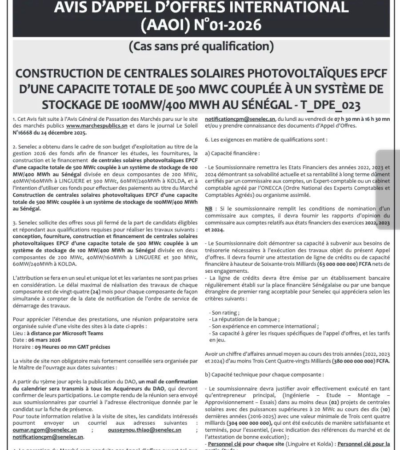 Appel d'offres Senelec 500MWc