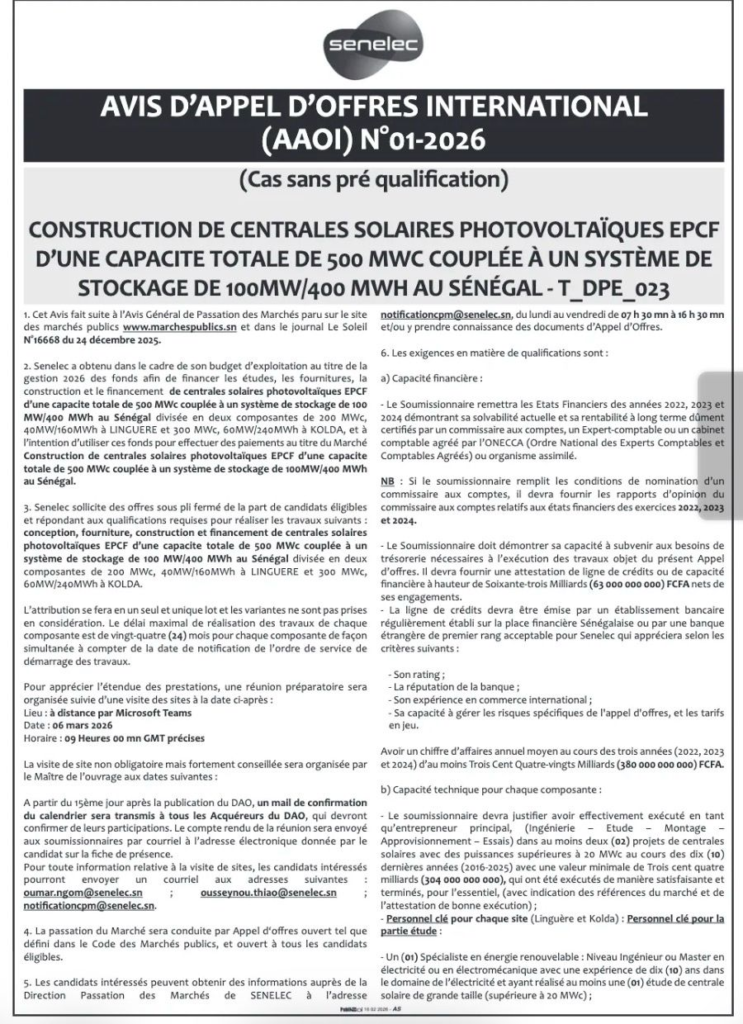 Appel d'offres Senelec 500MWc