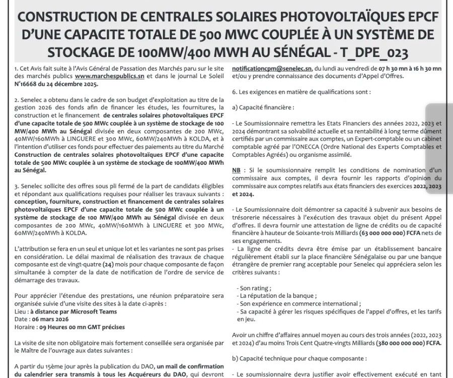Appel d'offres Senelec 500MWc