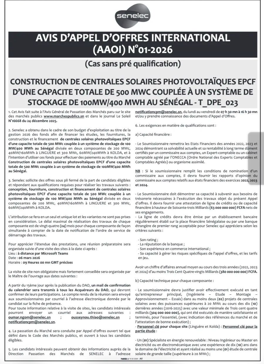 Appel d'offres Senelec 500MWc